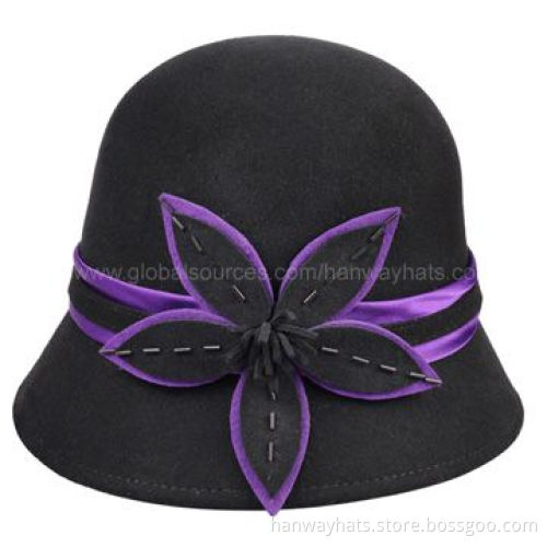 Lady's Wool Felt Cloche Hat with Self and Satin Band, Flower Trim